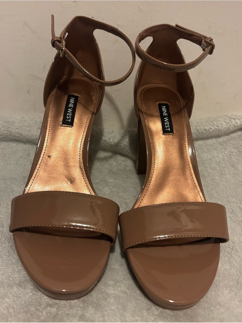 Tan Patent Ankle-Strap Block Heel Sandals